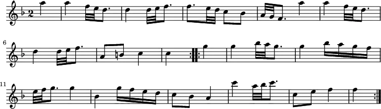 { \relative a'' { \time 2/4 \override Staff.TimeSignature.style = #'single-digit \partial 4 \key f \major
 \repeat volta 2 { a4 | a f32 e d8. | d4 d32 e f8. |
   f e32 d c8 bes | a32 g f8. a'4 | %eol1
   a f32 e d8. | d4 d32 e f8. | a,8 b c4 | c }
 \repeat volta 2 { g' | g bes32 a g8. | %eol 2
   g4 bes16 a g f | e32 f g8. g4 | bes, g'16 f e d | c8 bes a4 | %3
   c'4 a32 bes c8. | c,8 e f4 | f } } }