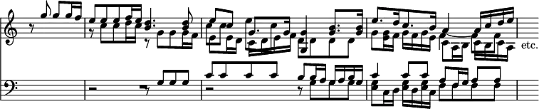 << \new Staff { \override Score.TimeSignature #'stencil = ##f \time 2/2 \partial 2 << \new Voice \relative g'' { \stemUp r8 g g[ g16 f] | e8 e e f16 e <d b>4. q8 | e[ c] g8.[ g16] <g g,>4 <b g>8. q16 | e8. d16 c8. b16 a4 ~ a16 c d e | s4_"etc." }
\new Voice \relative c'' { \stemDown s2 | r8 c c d16 c r8 g g g16 f | e8[ e16 d] c[ d e f] d8[ d d d] | g8[ <g e>16 f] g[ f g e] c8[ a16 b] c[ b c a] }
\new Voice \relative c'' { \stemDown s2 s1 c8[ c] e[ c] s2 | s f,4 f8 f } >> }
\new Staff { \clef bass << \new Voice \relative g { \stemUp s2 | r2 r8 g g g | c c c c b8[ b16 a] g[ a b g] | c4 c8 c a[ f16 g] a8[ a] | s4 }
\new Voice \relative g { \stemDown s2 | R1 r2 r8 g g g | <e g>[ c16 d] q[ d q c] f8[ f f f] } >> } >>