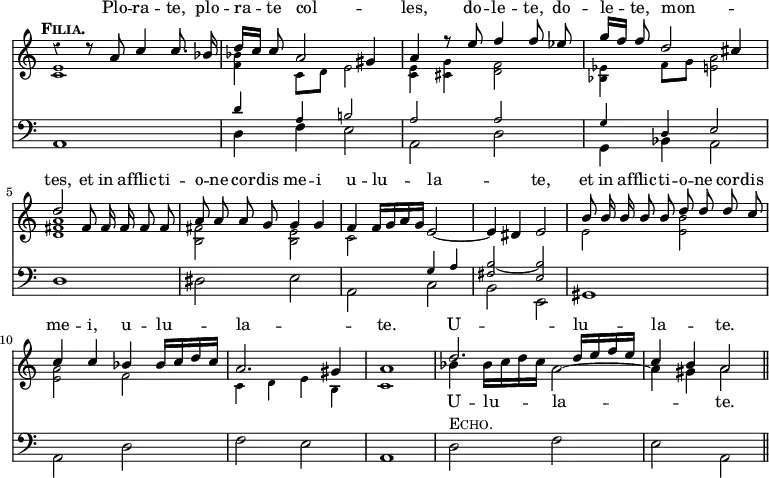 << \new Staff = "upper" { \time 4/4 \override Score.TimeSignature #'stencil = ##f \override Score.Rest #'style = #'classical \tempo \markup { \caps Filia. } <<
\new Voice = "filia" \relative a' { \stemUp \autoBeamOff r4 r8 a c4 c8. bes16 | d[ c] c8 a2 gis4 | a4 r8 e' f4 f8 ees | g16[ f] f8 d2 cis4 | d2 fis,8 fis16 fis fis8 fis | a a a g g4 g | f f16[ g a g] e2 ~ | e4 dis e2 | b'8 b16 b b8 b  d d d c | c4 c bes bes16[ c d c] | a2. gis4 | a1 | d2. d16[ e f e] | c4 b a2 \bar "||" }
\new Voice = "echo" \relative b' { \stemDown \autoBeamOff s1 s s s s s s s s s s s bes4 bes16[ c d c] a2 ~ | a4 gis a2 }
\new Voice = "accomp" \relative c' { \stemDown \tiny <c e>1 | <f bes>4 c8 d e2 | <c e>4 <cis g'> <d f>2 | <ees bes>4 f8 g <e a>2 | <d fis a>1 | <fis b,>2 <e b> | c2 s | s1 | e2 <e b'> | <e a> f | c4 d e b | c1 } >> }
\new Lyrics \with { alignAboveContext = "upper" } { \lyricsto "filia" { Plo -- ra -- te, plo -- ra -- te col -- _ les, do -- le -- te, do -- le -- te, mon -- _ tes, et in af -- flic -- ti -- o -- ne cor -- dis me -- i u -- lu -- la -- _ te, et in af -- flic -- ti -- o -- ne cor -- dis me -- i, u -- lu -- la -- _ te. U -- lu -- la -- _ te. } }
\new Lyrics \lyricsto "echo" { U -- lu -- la -- _ te. }
\new Staff << \clef bass
\new Voice \relative a, { \stemDown a1 | d4 f e2 | a, d | g,4 bes a2 | d1 | dis2 e | a, c | b e, | gis1 | a2 d | f e | a,1 | d2^\markup { \caps Echo. } f | e a, }
\new Voice \relative d' { \stemUp \tiny s1 d4 a b!2 | a a | g4 d e2 | s1 s | s2 g4 a <b fis>2 ~ <b e,> } >> >>