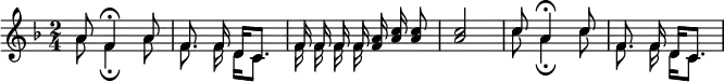 
    \relative c'' {
    \key f \major \time 2/4
    \numericTimeSignature
    \override Score.BarNumber #'break-visibility = #'#(#f #f #f)
    \autoBeamOff \stemUp
    << { \autoBeamOff
        a8 f4\fermata a8
        f8. f16 d16[ c8.]
        f16 f f f } \\
    { \autoBeamOff
        a8 f4_\fermata a8
        f8. f16 d16[ c8.]
        f16 f f f } >>
        <f a>16 <a c> <a c>8 
    <a c>2
    << { \autoBeamOff
        c8 a4\fermata c8
        f,8. f16 d16[ c8.] } \\
    { \autoBeamOff
        c'8 a4_\fermata c8
        f,8. f16 d16[ c8.] } >>
	}
