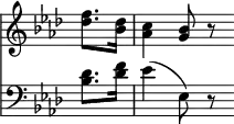 { \override Score.TimeSignature #'stencil = ##f \key aes \major \partial 4 << \relative f'' { <f des>8. <des bes>16 | <c aes>4 <bes g>8 r } \new Staff { \clef bass \key aes \major \relative d' { <des bes>8. <f des>16 | ees4( ees,8) r } } >> }