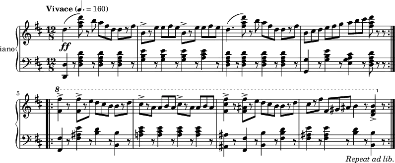 \new PianoStaff \with { instrumentName = "Piano" } << \new Staff \relative { \key d \major \time 12/8 \tempo Vivace 4. = 160 d''4. \ff  ( <fis a d>8) r8 b a fis d d[ r8 fis] b,->[ r8 e] e fis e b->[ r8 e] e fis e d4.(<fis a d>8) r8 b a fis d d[ r8 fis] b, cis d e fis g a b cis <fis, a d> r8 r \bar ":|.|:" \break \repeat volta 2 { \ottava #1 <fis fis'>4-> r8 <fis fis'>8->[ r e'] d cis b b[ r d] cis->[ r a] a b a cis->[ r a] a b a <fis cis' fis>4-> r8 <fis ais fis'>8->[ r e'] d cis b b[ r d] cis[ r fis] fis, gis ais b4 r8 <d, fis b>4-> \ottava #0 r8 } } \new Staff \relative { \clef bass \key d \major <d, d'>4 r8 <d' fis a d>4 r8 <d fis a d>4 r8 <d fis a d>4 r8 <g b e>4 r8 <g b e>4 r8 <g b e>4 r8 <a cis e>4 r8 <d, fis a d>4 r8 <d fis a d>4 r8 <d fis a d>4 r8 <d fis a d>4 r8 <g, g'>4 r8 <g' b e>4 r8 <e g a cis>4 r8 <d fis a d> r r \bar ":|.|:" \break \repeat volta 2 { <fis, fis'>4 r8 <fis' ais e'>4 r8 <b d>4 r8 <b, b'>4 r8 <a'! cis e>4 r8 <a cis e>4 r8 <a cis e>4 r8 <a cis e>4 r8 <ais, ais'>4 r8 <fis fis'>4 r8 <b b'>4 r8 <fis' b d>4 r8 <fis ais e'>4 r8 <fis ais e'>4 r8_\markup { \italic { Repeat ad lib. } } <b d>4 r8 <b, b'>4 r8 } } >>