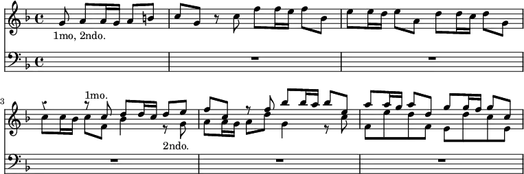 << \override Score.Rest #'style = #'classical \new Staff { \key f \major \time 4/4 \partial 2. \relative g' { s8_"1mo, 2ndo." g a a16 g a8 b | c g r c f f16 e f8 bes, | e8 e16 d e8 a, d d16 c d8 g, | << { r4 r8^"1mo." c d d16 c d8 e | f c r f bes bes16 a bes8 e, | a a16 g a8 d, g g16 f g8 c, } \\ { c8 c16 bes c8 f, bes4 r8_"2ndo." g a a16 g a8 d g,4 r8 c | f, e' d f, e d' c e, } >> } }
\new Staff { \clef bass \key f \major R2. R1*5 } >>