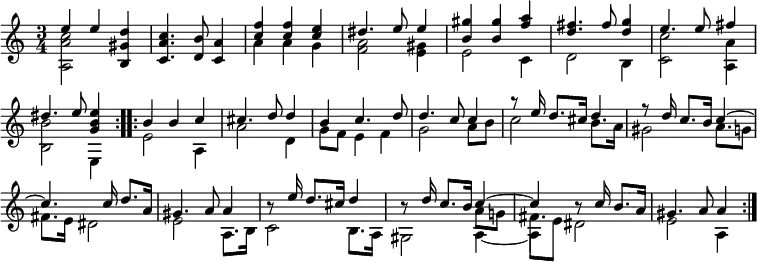 \new Staff << \override Score.BarNumber #'break-visibility = #'#(#f #f #f)
\new Voice \relative e'' { \time 3/4 \key a \minor \stemUp \repeat volta 2 {
e4 e <d gis, b,> | <c a c,>4. <b d,>8 <a c,>4 | <c f> q <c e> |
dis4. e8 e4 | <gis b,> q <a f> | <fis d>4. fis8 <g d>4 |
e4. e8 fis4 | dis4. e8 <e b g>4 } \repeat volta 2 {
b b c | cis4. d8 d4 | b4 c4. d8 | d4. c8 c4 |
r8*3/2 e16 d8. cis16 d4 | r8*3/2 d16 c8. b16 c4 ^~ |
c4. s16 c16 d8. a16 | gis4. a8 a4 | r8*3/2 e'16 d8. cis16 d4 |
r8*3/2 d16 c8. b16 << { c4 ^~ c } \\ { a8 g! fis8. e8*1/2 } >>
r8*3/2 c'16 b8. a16 | gis4. a8 a4 } }
\new Voice \relative a { \stemDown
<a a' c>2 s4 s2. | a'4 a g | <a f>2 <gis e>4 | e2 c4 | d2 b4 |
<c c'>2 <a a'>4 <b b'>2 e,4 |
e'2 a,4 | a'2 d,4 | g8 f e4 f | g2 a8 b | c2 b8. a16 |
gis2 a8. g8*1/2 | fis8. e16 dis2 | e a,8. b16 | c2 b8. a16 |
gis2 a4 _~ | a dis2 | e a,4 } >>