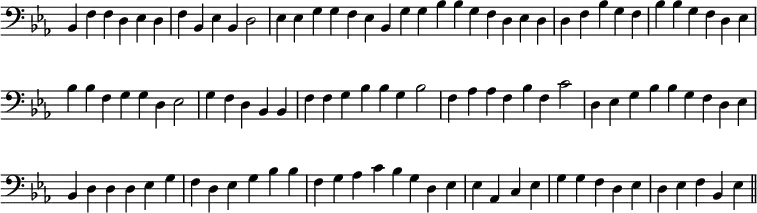 { \override Score.TimeSignature #'stencil = ##f \clef bass \key ees \major \cadenzaOn bes,4 f f d ees d \bar "|" f bes, ees bes, d2 \bar "|" ees4 ees g g f ees bes, | g g bes bes g f d ees d \bar "|" d f bes g f \bar "|" bes bes g f d ees \bar "|" bes bes f g g d ees2 \bar "|" g4 f d bes, bes, \bar "|" f f g bes bes g bes2 \bar "|" f4 aes aes f bes f c'2 \bar "|" d4 ees g bes bes g f d ees \bar "|" bes, d d d ees g \bar "|" f d ees g bes bes \bar "|" f g aes c' bes g d ees \bar "|" ees aes, c ees \bar "|" g g f d ees \bar "|" d ees f bes, ees \bar "||" }