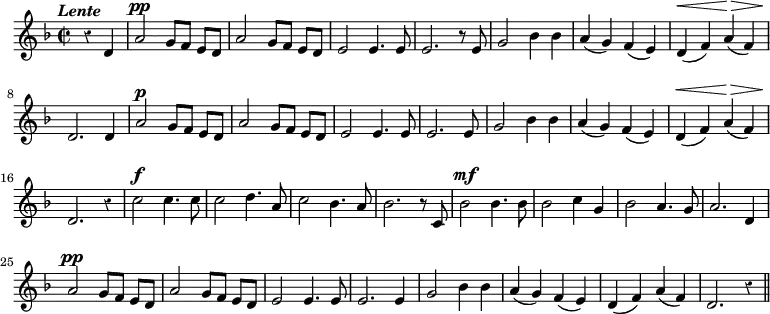 
{
\relative d' {
  \time 2/2 \tempo \markup \italic "Lente"
  \key f \major
  \partial 2 \override Score.Rest #'style = #'classical
  r4 d |
  a'2^\pp g8[ f] e d |
  a'2 g8[ f] e d |
  e2 e4. e8 |
  e2. r8 e |
  %end line 1
  g2 bes4 bes |
  a( g) f( e) |
  d(^\< f) a(^\> f) |
  d2.\! d4 |
  a'2^\p g8[ f] e d |
  %end line 2
  a'2 g8[ f] e d |
  e2 e4. e8 |
  e2. e8*2/1 |
  g2 bes4 bes |
  a( g) f( e) |
  %end line 3
  d(^\< f) a(^\> f) |
  d2.\! r4 |
  c'2^\f c4. c8 |
  c2 d4. a8 |
  c2 bes4. a8 |
  %end line 4
  bes2. r8 c, |
  bes'2^\mf bes4. bes8 |
  bes2 c4 g |
  bes2 a4. g8 |
  a2. d,4 |
  %end line 5
  a'2^\pp g8[ f] e d |
  a'2 g8[ f] e d |
  e2 e4. e8 |
  e2. e4 |
  %end line 6
  g2 bes4 bes |
  a( g) f( e) |
  d( f) a( f) |
  d2. r4 \bar "||"
}
}
