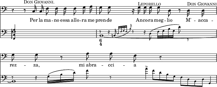 << \override Score.BarNumber #'break-visibility = #'#(#f #f #f) \override Score.Rest #'style = #'classical \override Score.TimeSignature #'stencil = ##f \time 4/4
\new Staff { \clef bass \relative c { \autoBeamOff
  r4 r8^\markup \caps "Don Giovanni." c16 c f8 f16 f f8 g16 a |
  g8 g r16 g^\markup \caps "Leporello" g g g8 d r d16^\markup \caps "Don Giovanni" d |
  g8 g r a a f r4 } }
\addlyrics { Per la ma -- no essa allo -- ra me pren -- de An -- co -- ra meg -- lio M' -- acca -- rez -- za, mi_abra -- cci -- a }
\new Staff << \clef bass
  \new Voice \relative f, { \teeny
    <f c' a'>4\arpeggio s2. |
    f'8\rest f16\rest \afterGrace b,!( { d f g f } \grace b8)
     f8\rest f16\rest d( f g b g d'8) r |
    f,8\rest f16\rest g([ b d)] f8 f,8*3/2\rest
    a'4*1/8^> f8*1/4[ d b g] f[ d b d] g,4*1/8 | }
  \new Voice \relative f { f1 | b, _~ b } >>
  \figures { s1 <6 4> } >>