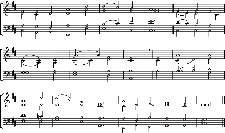 
\new ChoirStaff <<
  \new Staff { \clef treble \time 3/2 \key d \major \set Staff.midiInstrument = "church organ" \omit Staff.TimeSignature \set Score.tempoHideNote = ##t \override Score.BarNumber  #'transparent = ##t 
  \relative c'
  << { fis2 e d | a'1 d2 | d( cis) b | a1. \bar"||" a2 g fis | \break
       e( cis) d | g2.( a4) fis2 | e1 \breathe \bar"||" e2 | a1 a2 | \break
       a1 d2 | d( b) g | e1. \bar"||" a2 d, e | fis1 e2 | d1. \bar"|." } \\
  { d2 cis d | d1 a'2 | g1 g2 | g1. | fis4( e) d2. cis4 |
    b2( a) a | b( cis) d | cis1 cis2 | cis( d) e |
    d1 d2 | d1 d2 | cis1. | cis2 d d | d1 cis2 | d1. } >>
  } 
\new Staff { \clef bass \key d \major \set Staff.midiInstrument = "church organ" \omit Staff.TimeSignature \override Staff.NoteHead.style = #'altdefault
  \relative c'
  << { a2 g fis | a1 a2 | b( cis) d | e1. | d4( cis) b2 a |
       g1 a2 | g1 a2 | a1 a2 | a( b) cis |
       d1 c2 | b1 b2 | a1. | a2 fis b | a1 g2 | fis1. } \\
  { d2 a b | fis1 fis'2 | e1 d2 | cis1. | d2 d d |
    g1 fis2 | e1 d2 | a1 a'2 | a1 g2 |
    fis1 fis2 | g1 e2 | a,1. | fis2 b g | a1 a2 | d1. } >>
  } 
>>
\layout { indent = #0 }
\midi { \tempo 2 = 76 }
