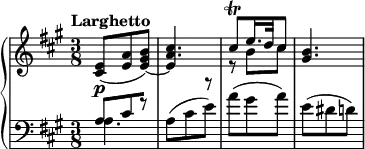 
\new GrandStaff <<
\new Staff {
        \tempo Larghetto
        \clef violin
        \key a \major
        \time 3/8
        <cis' e'>8 \p
        (<e' a'>8
        <e'~ gis' b'>8)
        << <a' cis''>4. {e'4 r8}>>
        |
        <<
         \new Voice { \voiceOne \trill cis''8 e''16. d''32 cis''8 }
         \new Voice { \voiceTwo r8 b' cis''8 }
        >>
        |
        <gis' b'>4.
}
\new Staff {
        \clef bass
        \key a \major
        \time 3/8
        <<
                \new Voice { \voiceOne [a8 cis'8 r8]}
                \new Voice { \voiceTwo a4.}
        >>
        a8 (cis'8 e'8)
        a'8 (gis'8 a'8)
        e'8 (dis'8 d'8)
}
>>

