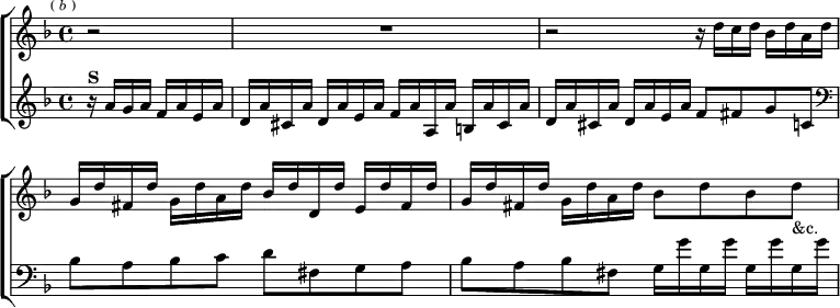 \new ChoirStaff << \override Score.BarNumber #'break-visibility = #'#(#f #f #f)
\new Staff \relative d'' { \key d \minor \time 4/4 \mark \markup \tiny { ( \italic b ) } \partial 2 r2 R1
r2 r16 d c d bes d a d |
g, d' fis, d' g, d' a d bes d d, d' e, d' fis, d' |
g, d' fis, d' g, d' a d bes8 d bes d_"&c." }
\new Staff \relative a' { \key d \minor
r16^\markup \bold "S" a g a f a e a |
d, a' cis, a' d, a' e a f a a, a' b, a' cis, a' |
d, a' cis, a' d, a' e a f8 fis g c, | \clef bass
bes a bes c d fis, g a |
bes a bes fis g16 g' g, g' g, g' g, g' } >>