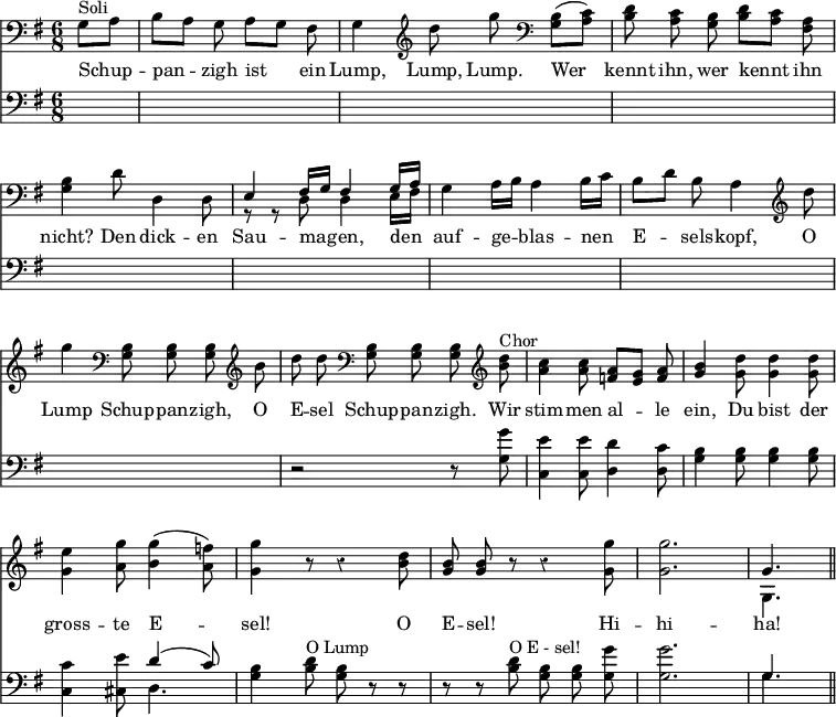<< \override Score.BarNumber #'break-visibility = #'#(#f #f #f) \override Score.Rest #'style = #'classical 
   \new Staff { \clef bass \time 6/8 \partial 4 \key g \major <<
\new Voice = "up" \relative g { \autoBeamOff g8[^"Soli" a] |
  b[ a] g a[ g] fis |
  g4 \clef treble d''8 g \clef bass <g,, b>[( <a c>)] | %eol1
  <b d> <a c> <g b> <b d>[ <a c>] <a fis> |
  <b g>4 d8 d,4 d8 | \stemUp e4 fis16[ g] fis4 g16[ a] | %eol2
  \stemNeutral g4 a16[ b] a4 b16[ c] | 
  b8[ d] b a4 \clef treble d'8 g4 \clef bass <b,, g>8 q q \clef treble b' |  %eol3
  d d \clef bass <b, g> q q \clef treble <b' d>^"Chor" |
  <c a>4 q8 <a f>[ <g e>] <a f> | <b g>4 <d g,>8 q4 q8 | %eol4
  <e g,>4 <g a,>8 <g b,>4( <f a,>8) | <g g,>4 r8 r4 <d b>8 |
  <b g> q r r4 <g' g,>8 | %eol5
  q2. g,4. \bar "||" }
\new Voice = "down" \relative d { \stemDown s4 s2. s |
  s s r8 r d d4 e16 fis | %eol2
  s2. s s | s s s | s s s | s g4. } >> }
\new Lyrics \lyricsto "up" { Schup -- pan -- zigh ist ein Lump,
   Lump, Lump. Wer kennt ihn, wer kennt ihn nicht? 
   Den dick -- en Sau -- ma -- gen, den auf -- ge -- blas -- nen
   E -- sels -- kopf, O Lump Schup -- pan -- zigh,
   O E -- sel Schup -- pan -- zigh.
   Wir stim -- men al -- le ein,
   Du bist der gross -- te E -- sel!
   O E -- sel! Hi -- hi -- ha! }
\new Staff { \clef bass \key g \major \relative g { \autoBeamOff
  s4 | s2. s | s s s | s s s |
  r2 r8 <g g'>8 | <c, e'>4 q8 <d d'>4 <d c'>8 |
  <g b>4 q8 q4 q8 | %eol4
  <c, c'>4 <cis e'>8 << { d'4( c8) } \\ { d,4. } >> |
  <g b>4 <b d>8^"O Lump" <g b> r r |
  r r <b d>^"O E - sel!" <g b> q <g g'> | %eol5
  q2. << { g4. } \\ { g } >> } }
>>