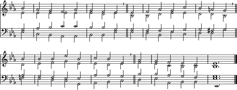 
<< <<
\new Staff { \clef treble \time 4/2 \key es \major \partial 2 \set Staff.midiInstrument = "church organ" \omit Staff.TimeSignature \set Score.tempoHideNote = ##t \override Score.BarNumber  #'transparent = ##t
  \relative c''
  << { bes2 | aes g f aes | g f es \breathe \bar"||" 
       es | f aes g c | bes a g \breathe \bar"||" \break
       bes | bes bes es bes | c bes es, \breathe \bar"||"
       aes | g f es d | es1. \bar"|." } \\
  { es2 | 2 2 2 2 | 2 d es bes | bes d es es | d d bes
    d | es f g es | es d es f | es c bes bes | bes1. } >>
}
\new Staff { \clef bass \key es \major \set Staff.midiInstrument = "church organ" \omit Staff.TimeSignature
  \relative c'
  << { g2 | aes bes c c | bes bes g g | f f es g | g fis g
       aes | g f es es | aes aes g bes | bes aes g f | g1. } \\
  { es2 | c bes aes aes |  bes bes es es | d bes es c | d d g
    f | es d c g | aes bes c d | es aes, bes bes | es1. } \\
       \tiny { s2 | s1 s | s s | s s | s s 
               s s | s s | s s | es,1. } >>
}
>> >>
\layout { indent = #0 }
\midi { \tempo 2 = 72 }
