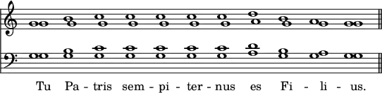 << \new Staff { \override Score.TimeSignature #'stencil = ##f \time 11/1 << \new Voice \relative g' { g1 b c c c c c d b a g \bar "||" } \new Voice = "Org" \relative g' { \shiftOn g1 \shiftOff g g g g g g a g \shiftOn g g } >> }
\new Staff { \clef bass << \new Voice \relative g { g1 b c c c c c d b a g } \new Voice = "Org" { \shiftOn g1 \shiftOff g g g g g g a g \shiftOn g g } >> } \new Lyrics \lyricsto "Org" { Tu Pa -- tris sem -- pi -- ter -- nus es Fi -- li -- us. } >>