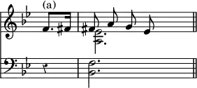 { \override Score.TimeSignature #'stencil = ##f \override Score.Rest #'style = #'classical \time 3/4 \key bes \major \partial 4 << \relative f' << { f8.^"(a)" fis16 fis8 a g ees } \\ { s4 <ees a,>2. } >> \new Staff { \clef bass \key bes \major r4 <f bes,>2. \bar "||" } >> }
