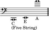 { \clef bass \override Staff.TimeSignature #'stencil = ##f \time 3/1 \parenthesize c,1_"C"_"(Five String)" e,_"E" a'_"A" \bar "||" }