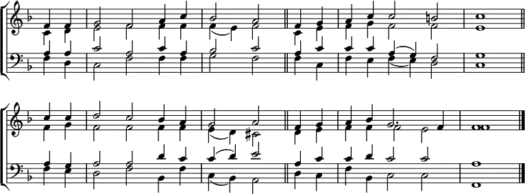 
\new ChoirStaff <<
  \new Staff { \clef treble \time 3/2 \key f \major \partial 2 \set Staff.midiInstrument = "church organ" \omit Staff.TimeSignature \set Score.tempoHideNote = ##t \override Score.BarNumber  #'transparent = ##t 
  \relative c'
  << { f4 f | g2 f a4 c | bes2 a \bar"||" f4 g | a c c2 b | c1 \bar"||" \break
       c4 c | d2 c bes4 a | g2 a \bar"||" f4 g | a bes g2. f4 | f1 \bar"|." } \\
  { c4 d | e2 f f4 f | f( e) f2 c4 e | f g f2 f | e1
    f4 g | f2 f f4 f | e( d) cis2 d4 e | f f f2 e | f1 } >>
  } 
\new Staff { \clef bass \key f \major \set Staff.midiInstrument = "church organ" \omit Staff.TimeSignature 
  \relative c'
  << { a4 a | c2 a c4 a | bes2 c a4 c | c c a( g) f2 | g1
       a4 g | a2 a d4 c | c( d) e2 a,4 c | c d c2 c | a1 } \\
  { f4 d | c2 f f4 f | g2 f f4 c | f e f( e) d2 | c1
    f4 e | d2 f bes,4 f' | c( bes) a2 d4 c | f bes, c2 c | f,1 } >>
  } 
>>
\layout { indent = #0 }
\midi { \tempo 2 = 46 }
