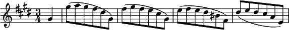 { \time 3/4 \key e \major \partial 4 \relative g' { gis4 | gis'8( a gis fis dis gis,) | fis'( gis fis e cis gis) | e'( fis e dis bis fis) | dis'( e dis cis a e) | } }