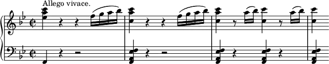 
\relative c {
\time 2/2
 \new PianoStaff <<
  \new Staff {
   \key bes \major
   \clef "treble"
  <ees'' a c>4^"Allego vivace." r4 r4 f16( g a bes) |
  <c, a' c>4 r4 r4 f16( g a bes) |
  <c, a' c>4 r8 a'16 (bes16) <c, c'>4  r8 a'16( bes) |
  <c, c'>4
  }
  \new Staff {
   \clef "bass" 
   \key bes \major
   f,,,4 r4 r2 |
   <f a ees' f>4 r4 r2 |
   <f a ees' f>4 r4  <f a ees' f>4 r4 |
   <f a ees' f>4
  }
 >>
}
