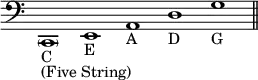 { \clef bass \override Staff.TimeSignature #'stencil = ##f \time 5/1 \parenthesize c,1_"C"_"(Five String)" e,_"E" a,_"A" d_"D" g_"G" \bar "||" }