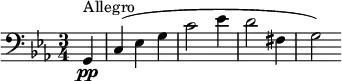 
{
\clef bass 
\key ees \major
\time 3/4
\partial 4
g,4^\markup{Allegro} \pp
c4 (es g
c'2 es'4
d'2 fis4
g 2)
}

