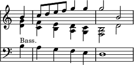 { << \new Staff << \time 4/4 \override Score.TimeSignature #'stencil = ##f \partial 4
\new Voice \relative b' { \stemUp
b4 | c8 d e f g4 g | g2 b, }
\new Voice \relative d' { \stemDown
<d g>4 | <c f> <b e> <a d> <g c> | <f b>2 d' } >>
\new Staff { \clef bass
b4^\markup \small "Bass." | a g f e | d1 } >> }