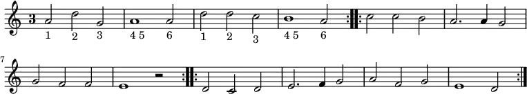 { \time 3/2 \override Staff.TimeSignature #'style = #'single-digit \relative a' { \repeat volta 2 {
  a2_"1" d_"2" g,_"3" | a1_"4 5" a2_"6" | d_"1" d_"2" c_"3" | b1_"4 5" a2_"6" }
\repeat volta 2 {
  c c b | a2. a4 g2 | g f f | e1 r2 }
\repeat volta 2 {
  d2 c d | e2. f4 g2 | a f g | e1 d2 } } }