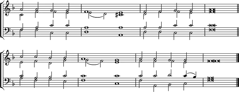 
\new ChoirStaff <<
  \new Staff { \clef treble \time 4/2 \key f \major \set Staff.midiInstrument = "church organ" \omit Staff.TimeSignature \set Score.tempoHideNote = ##t \override Score.BarNumber  #'transparent = ##t \override Staff.NoteHead.style = #'altdefault
  \relative c''
  << { a2 a g g | f1 e | f2 f g g | a \breve \bar"||" \break
       c2 c bes bes | a1 g | a2 a g g | f \breve \bar"|." } \\
  { c2 f f e | e( d) cis1 | d2 f f e | f \breve
    e2 f d g | g( f) e1 | f2 f f e | f \breve } >>
  } 
\new Staff { \clef bass \key f \major \set Staff.midiInstrument = "church organ" \omit Staff.TimeSignature \override Staff.NoteHead.style = #'altdefault
  \relative c
  << { f2 a c c | a1 a | a2 a c c | c \breve
       c2 a bes c | c1 c | c2 c d c4( bes) | a \breve } \\
  { f2 f c c | d1 a | d2 d c c | f \breve
    a2 f g e | f1 c | f2 a, bes c | f \breve } >>
  } 
>>
\layout { indent = #0 }
\midi { \tempo 2 = 63 }
