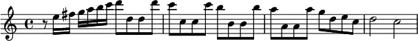 { \time 4/4 \relative e'' { r8 e16 fis g a b c d8 d, d d' |
c c, c c' b b, b b' | a a, a a' g d e c | d2 c } }