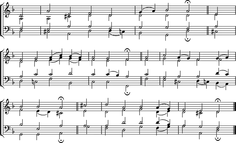 
\new ChoirStaff <<
  \new Staff { \clef treble \time 4/2 \key d \minor \partial 2 \set Staff.midiInstrument = "church organ" \omit Staff.TimeSignature \set Score.tempoHideNote = ##t \override Score.BarNumber  #'transparent = ##t
  \relative c'
  << { d2 | a' e f d | g4( a) bes2 a \fermata \bar"||" e \break
       f g a4( c) bes( a) | a2 g f \fermata \bar"||" a | c a4( g) f2 g4( a) \break
       bes2 2 a \fermata \bar"||" cis | d a bes a4( g) | f2 e d \fermata \bar"|." } \\
  { a2 | a cis d d | d d d e
    d e f4( a) g( f) | f2 e f f | g e f f 
    f e4( d) cis2 e | d f g d4( e) | d2 cis d } >>
  }
\new Staff { \clef bass \key d \minor \set Staff.midiInstrument = "church organ" \omit Staff.TimeSignature 
  \relative c
  << { f2 | e a a f | g g f a
       a c c d | c c4( bes) a2 c | g a a d4( c)
       bes2 e, a a | a d d d4( bes) | a2 g f } \\
  { d2 | cis a d d4( c) | bes2 g d' \fermata cis
    d c! f bes, | c c f, \fermata f' | e cis d4( c) bes( a)
    g2 g a \fermata g' | f d g f4( g) | a2 a, d \fermata} >>
  } 
>>
\layout { indent = #0 }
\midi { \tempo 2 = 58 }
