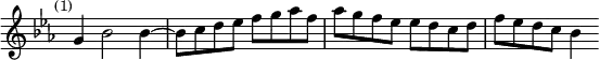 \relative g' { \override Score.TimeSignature #'stencil = ##f \time 4/4 \key c \minor \mark \markup \small "(1)"
g4 bes2 bes4 ~ | bes8 c d ees f g aes f | aes g f ees ees d c d |
f ees d c bes4 }
