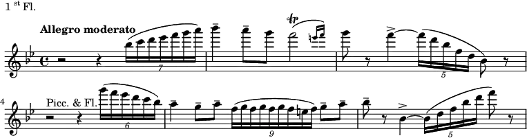 \header {
piece = \markup \line {1\super{st} Fl.}
}
\new Staff \with {midiInstrument = "flute"} \relative c'' {
\key bes \major
\tempo "Allegro moderato"
r2 r4 \tuplet 7/4 {bes'16( c d ees f g a)}
bes4\tenuto a8\tenuto g \afterGrace f2(\trill {e16 f)}
g8 r f4~\accent \tuplet 5/4 {f16( d bes f d} bes8) r
r2^"Picc. & Fl." r4 \tuplet 6/4 {g''16( f ees d c bes)}
a4\tenuto g8\tenuto a\tenuto \tuplet 9/4 {f16( g f g f g f e f)} g8\tenuto a\tenuto
bes\tenuto r bes,4~\accent \tuplet 5/4 {bes16( d f bes d} f8) r
}