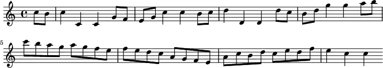 { \time 4/4 \partial 4 \relative c'' { c8 b c4 c, c g'8 f | e g c4 c b8 c | d4 d, d d'8 c| b d g4 g a8 b | c b a g a g f e | f e d c a g f e | a c b d c e d f | e4 c c } }