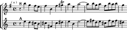 \new ChoirStaff << \override Score.Rest #'style = #'classical
\new Staff \relative b'' { \key e \minor \time 4/4 \mark \markup \tiny { ( \italic a ) }
r4^\markup \bold "S" b g fis8 e | fis4 b, fis' gis\trill |
a e a2 ~ | a8 b g a fis b a b | g4 }
\new Staff \relative e'' {
r4^\markup \bold "A" e d cis8 b | cis4 fis, cis' dis |
e b e2 ~ | e8 fis d e cis fis e fis | dis4 } >>