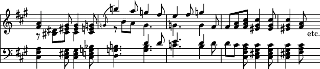 { << \new Staff \relative a' { \override Score.TimeSignature #'stencil = ##f \time 6/8 \key fis \minor
 << { <a fis>4 <gis eis>8 q4 <g e cis>8 |
      \appoggiatura g8 b'!4 a8 g4 fis8 | e4 fis8 g4 fis,8 | %eol1
      fis8 <a fis> <cis a fis> <cis gis eis>4 q8 |
      q4 <a fis>8 s_"etc." } \\
    { r8 <dis, bis> cis cis4 s8 | r8 b' a g4. | g4. g4 } >> }
\new Staff \relative c { \clef bass \key fis \minor
 <cis fis a>4 <cis eis gis>8 q4 <cis e g bes>8 |
 <d g b!>4. << { d'4 d8 | e4. d4 } \\ { <b g>4. c b4 } >> d8 | %eol1
 d[ cis] <cis a fis cis> <cis gis eis cis>4 q8 | q4 <cis a fis>8 s } >> }