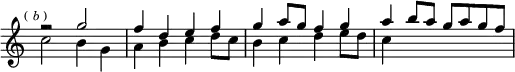 \relative g'' { \key c \major \time 2/2 \override Score.TimeSignature #'stencil = ##f \mark \markup \tiny { (\italic"b") } << { r2 g | f4 d e f | g a8 g f4 g | a b8 a g a g f } \\ { c2 b4 g | a b c d8 c | b4 c d e8 d | c4 } >> }