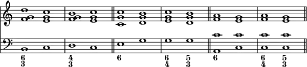 << \override Score.TimeSignature #'stencil = ##f \time 4/2 \new Staff { \relative d'' { <d g,f>1 <c g e> | <b g f> <c g e> \bar "||" <c g c,> <b g d> | <c g e> <b g d> \bar "||" <a f> <g e> <a f> <g e> \bar "||" } }
\new Staff << \clef bass \new Voice { b,1 c | d c | e g | g g | <c' a,> <c c'> | <c c'> <c c'> }
\figures { <6 3>\breve <4 3> | <6> <6 4>1 <5 3> | <6>\breve <6 4>1 <5 3> } >> >>