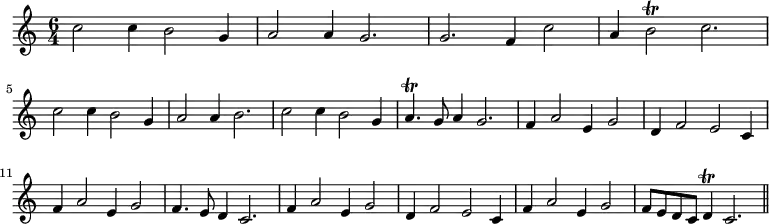 { \time 6/4 \relative c'' { c2 c4 b2 g4 | a2 a4 g2. | g f4 c'2 | a4 b2\trill c2. | \break c2 c4 b2 g4 | a2 a4 b2. | c2 c4 b2 g4 | a4.\trill g8 a4 g2. | f4  a2 e4 g2 | d4 f2 e c4 | f a2 e4 g2 | f4. e8 d4 c2. | f4 a2 e4 g2 | d4 f2 e c4 | f a2 e4 g2 | f8 e d c d4\trill c2. \bar "||" } }