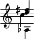 { \override Score.TimeSignature #'stencil = ##f << { <d'' fis''>4 } \\ { aes } \\ { } \\ { c'' } >> }