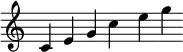 { \new Staff \with { \omit Score.TimeSignature \omit Score.BarLine } \relative { c' e g c e g} }