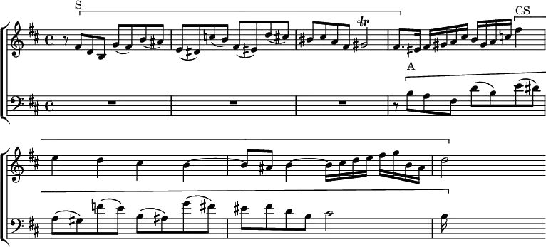  \new ChoirStaff << \override Score.BarNumber #'break-visibility = #'#(#f #f #f) \override Score.Rest #'style = #'classical
  \new Staff \relative f' { \key b \minor \time 4/4
    r8 \[ fis^"S" d b g'( fis) b( ais) |
    e( dis) c'( b) fis( eis) d'( cis) | bis cis a fis gis2\trill |
    fis8.[ \] eis16] fis gis a cis b gis a c \[ fis4^"CS" |
    e d cis b ~ |
    b8 ais b4 ~ b16 cis d e fis g b, ais | d2 \] }
  \new Staff \relative b { \key b \minor \clef bass R1*3
    r8 \[ b^"A" a fis d'( b) e( dis) |
    a( gis) f'( e) b( ais) g'( fis) |
    eis fis d b cis2 | b16 \] s16 s8 s4 } >>