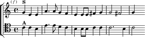 \new ChoirStaff <<
\new Staff \relative g' { \key c \major \time 4/4 \partial 2. \mark \markup \tiny { (\italic"f") }
g4^\markup \bold "S" e e | a4. a8 g4 f | e e8 e fis4 g |
g2 fis | g4 s }
\new Staff \relative c' { \key c \major \clef tenor
c4^\markup \bold "A" c b | e4. e8 d4 c | b b8 b c4 c |
c2. b4 | c2 } >>