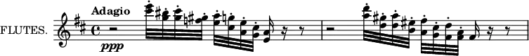 
\new Staff \with {
  instrumentName = "FLUTES."
  midiInstrument = "flute"
} \relative c'' {
  \key d \major
  \tempo "Adagio"
  \autoBeamOff
  r2\ppp <cis' e>32[\staccato <g bis>\staccato <g cis>\staccato <f gis>\staccato]
    <e a>\staccato[ <cis g'>\staccato <a e'>\staccato <g cis>\staccato] <e a>16 r r8
  r2 <a' d>32\staccato[ <d, gis>\staccato <d a'>\staccato <b eis>\staccato]
    <a fis'>[\staccato <g cis>\staccato <fis d'>\staccato <fis a>\staccato] fis16 r r8
}
\layout {
  indent = 2\cm
}
