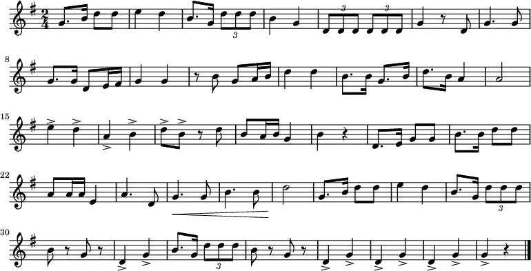 
 \relative c' {
  \set Staff.midiInstrument=#"trumpet"
  \key g \major
  \time 2/4
  g'8. b16 d8 d e4 d
  b8. g16 \times 2/3 {d'8 d d} b4 g
  \times 2/3 {d8 d d} \times 2/3 {d d d} g4 r8 d
  g4. g8 g8. g16 d8 e16 fis
  g4 g r8 b \noBeam g8 a16 b
  d4 d b8. b16 g8. b16
  d8. b16 a4 a2
  e'4-> d-> a-> b->
  d8-> b-> r d b a16 b g4 b r
  d,8. e16 g8 g b8. b16 d8 d
  a a16 a e4 a4. d,8
  g4.\< g8 b4. b8
  d2\! g,8. b16 d8 d
  e4 d b8. g16 \times 2/3 {d'8 d d}
  b8 r g r d4-> g->
  b8. g16 \times 2/3 {d'8 d d} b8 r g r
  d4-> g-> d4-> g->
  d4-> g-> g-> r \bar "|."
 }
 \addlyrics {
  \skip 1 \skip 1 \skip 1 \skip 1 \skip 1 \skip 1 \skip 1 \skip 1 \skip 1 \skip 1 \skip 1 \skip 1 \skip 1 \skip 1 \skip 1 \skip 1 \skip 1 \skip 1 \skip 1 \skip 1 \override LyricText.self-alignment-X = #-1
  <<
   {
    起 来！ 不 愿 做 奴 隶 的 人 们！
    把 我 们 的 血 肉， 筑 成 我 们 新 的 长 城！
    中 华 民 族 到 了 最 危 险 的 时 候，
    每 个 人 被 迫 着 发 出 最 后 的 吼 声。
    起 来！ 起 来！ 起 来！
    我 们 万 众 一 心，
    冒 着 敌 人 的 炮 火， 前 进！
    冒 着 敌 人 的 炮 火， 前 进！
    前 进！ 前 进！ 进！
   }
   \new Lyrics {
    起 來！ 不 願 做 奴 隸 的 人 們！
    把 我 們 的 血 肉， 築 成 我 們 新 的 長 城！
    中 華 民 族 到 了 最 危 險 的 時 候，
    每 個 人 被 迫 著 發 出 最 後 的 吼 聲。
    起 來！ 起 來！ 起 來！
    我 們 萬 眾 一 心，
    冒 著 敵 人 的 炮 火， 前 進！
    冒 著 敵 人 的 炮 火， 前 進！
    前 進！ 前 進！ 進！
   }
  >>
 }

