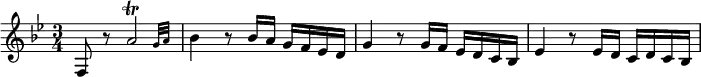 \relative f { \key bes \major \time 3/4 f8 r \afterGrace a'2\trill { g32[ a] } | bes4 r8 bes16 a g f ees d | g4 r8 g16 f ees d c bes | ees4 r8 ees16 d c d c bes }