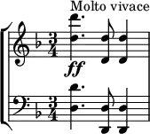 
\new StaffGroup <<
\new Staff = "right" {
        \key f \major
        \time 3/4
        <d''' d''>4.^\markup{Molto vivace} \ff
        <d'' d'>8
        <d'' d'>4
}
\new Staff ="left" {
        \clef bass
        \key f \major
        \time 3/4
        <d' d>4.
        <d d,>8
        <d d,>4
}
>>
