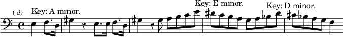 \relative e { \clef bass \key a \minor \time 4/4 \partial 2 \override Score.Rest #'style = #'classical \mark \markup \tiny { ( \italic d) } e4^"Key: A minor." f8. d16 | gis4 r e8. e16 f8. d16 | gis4 r4*1/2 gis8 a b c e^"Key: E minor." | dis c b a g a bes^"Key: D minor." dis | cis bes a g f4 }