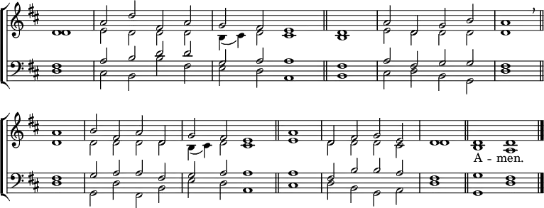 \new ChoirStaff <<
\new Staff { \clef treble \time 4/2 \key d \major \partial 1 \set Staff.midiInstrument = "church organ" \omit Staff.TimeSignature \set Score.tempoHideNote = ##t \override Score.BarNumber #'transparent = ##t
\relative c'
<< { d1 | a'2 d fis, a | g fis e1 \bar"||" \time 2/2 d | \time 4/2 a'2 d, g b | a1 \breathe \bar"||" \break
a | b2 fis a d, | g fis e1 \bar"||" \time 2/2 a | \time 4/2 d,2 fis g e | \time 2/2 d1 \bar"||" \time 4/2 d d \bar"|."} \\
{ d1 | e2 d d d | b4( cis) d2 cis1 | b | e2 d d d | d1
d | d2 d d d | b4( cis) d2 cis1 | e | d2 d d cis | d1 | b a } >>
}
\addlyrics {{_ _ _ _ _ _ _ _ _ _ _ _ _ _ _ _
_ _ _ _ _ _ _ _ _ _ _ _ _ _ A -- men.}}
\new Staff { \clef bass \key d \major \set Staff.midiInstrument = "church organ" \omit Staff.TimeSignature
\relative c
<< { fis1 | a2 b d d | g, a a1 | fis | a2 fis g g | fis1
fis | g2 a a fis | g a a1 | a | fis2 b b a | fis1 | g fis } \\
{d1 | cis2 b b' fis | e d a1 | b | cis2 d b g | d'1
d | g,2 d' fis, b | e d a1 | cis | d2 b g a | d1 | g, d' } >>
}
>>
\layout { indent = #0 }
\midi { \tempo 2 = 69 }