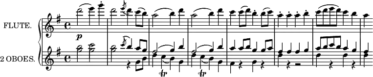 \new GrandStaff <<
\new Staff = "flute" \with {
instrumentName = "FLUTE."
midiInstrument = "flute"
} \relative c'' {
\key g \major
d'2(\p e4) g\staccato
d2 \acciaccatura {e8} d4 c8( b)
a2( b4) d
a2( b4) d
c c8( d) b4\staccato b8( c)
a4\staccato a\staccato a\staccato b\staccato
c8( d e d) c4 b
a
}
\new Staff = "oboe" \with {
instrumentName = "2 OBOES."
midiInstrument = "oboe"
} <<
\new Voice = "first" \relative c'' {
\voiceOne
\key g \major
\stemDown
b'2 c
b \stemUp \acciaccatura {c8} b4 a8 g
fis2( g4) b
fis2( g4) b
a a8 b g4 g8 a
fis4 fis fis g
a8 b c b a4 g
fis
}
\new Voice = "second" \relative c'' {
\voiceTwo
g'2 g
g r4 g,8 b
d4 c(_\trill b) g
d' c(_\trill b) g
fis r g r
d' r r2
d4 r d r
d
}
>>
>>
\layout {
indent = 2\cm
}