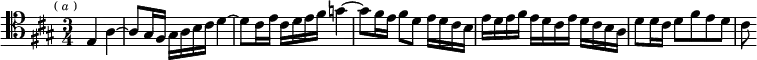 \relative e { \clef tenor \key a \major \time 3/4 \override Score.BarNumber #'break-visibility = #'#(#f #f #f) \partial 2 \mark \markup \tiny { ( \italic a ) } e4 a ~ | a8 gis16 fis gis a b cis d4 ~ | d8 cis16 e cis d e fis g4 ~ | g8 fis16 e fis8 d e16 d cis b | e d e fis e d cis e d cis b a | d8 d16 cis d8 fis e d | cis }