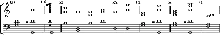 \new ChoirStaff << \override Score.TimeSignature #'stencil = ##f
  \new Staff \relative b' { \time 3/1 \mark \markup \small "(a)" 
    s1 s b1 \bar "||" \time 4/4
    \mark \markup \small "(b)" <g b d f g a>4*4/1 \bar "||" \time 6/1
    \mark \markup \small "(c)" <g d'>1 g <g d> <g b> <g b'> <b g'> \bar "||" \time 3/1
    \mark \markup \small "(d)" <f d> s <b f'>1 \bar "||"
    \mark \markup \small "(e)" <a f d> s <b f' a>1 \bar "||" \time 1/1
    \mark \markup \small "(f)" <d, c> \bar "||" }
  \new Staff \relative g { \clef bass 
    <g b d>1 s^"=" <g, d''>1
    << { g } \\ { <g' d'>4*4/1 } >>
    b1 <d, b> b' d d, d
    \repeat unfold 2 { <g b> s^"=" <g, d''>1 }
    <f' a> } >>